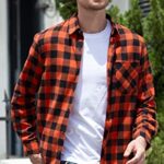 Cromoncent Men’s Casual Plaid Flannel Long Sleeve Button Down Shirt,Orange,Small