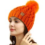 PAGE ONE Womens Winter Ribbed Beanie Crossed Cap Chunky Cable Knit Pompom Soft Warm Hat Orange