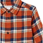 Amazon Essentials Boys’ Flannel Button Down Shirt, Navy Orange Plaid, Medium