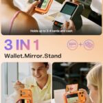 Meifigno Strong Magnetic Phone Wallet with Mirror & Kickstand, Magnetic Phone Card Holder (3-4 Cards & Cash) Compatible with iPhone 17/16/15/14/13/12 Series, Metal Plating Glossy, Orange