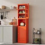Narrow Metal Cabinet with Open Countertop,Tall Pantry Storage Organizer with 3 Adjustable Shelves and 2 Glass Doors,Slim Bathroom Cabinet for Small Spaces,Kitchen,Home Office, Dining Room Orange