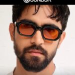 SUNBSR Retro Rectangle Sunglasses for Men Women Trendy Small Square Thick Frame Sun Glasses 90s Vintage Shades ?Black/Orange?