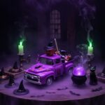 Witch Halloween Decor Indoor Vintage Metal Truck with Mini Witches Pumpkin Cauldron Ghost Figures Purple Hocus Pocus Tiered Tray Decor Halloween Witch Table Decorations for Home Kitchen Mantel Shelf