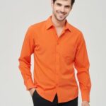corfty Men Long Sleeve Dress Shirt – Regular Fit Stretch Free-Wrinkle Casual Button Down Shirt (Orange, Small)