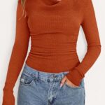 PRETTYGARDEN Women’s Long Sleeve Cowl Neck Ribbed Knit Spring Shirts Slim Fit Ruched Going Out Crop Tops Basic T-Shirts(Burnt Orange,Medium)