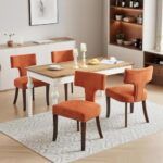 SoarTalent Mid Century Modern Farmhouse Dining Chairs Set of 2, Linen Upholstered with Curved Backrest & Copper Nail Trim, Hardwood Frame, Orange