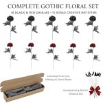 Black Artificial Flowers Dahlia Bouquet – Lifelike Faux Gothic Floral Arrangement – 20 Piece Set for Gothic Room Decor, Dark Academia Accessories, Black & Red Events, or Unique Valentine’s Day Accents