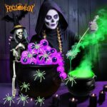 Halloween Witch Cauldron Set with Eyeball String Lights, Glowing Spiders, 17.7″ Poseable Skeleton with Cloak and Hat – DIY Indoor Halloween Decorations for Party, Home, Table (Old World)