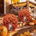 Bougainvillea Artificial Flowers Plants for Outdoors Outside Fall Autumn Decor, 2 pcs Faux Silk Long Trailing Vines UV Resistant Look Real Orange Fake Flowers for Front Door Porch Planter Urn Patio