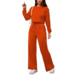 PINSV Women’s 2 Piece Outfits Sweatsuit Set Long Sleeve Crop Top Drawstring Wide Leg Pants with Pockets Track Suits Casual Sets Orange XL