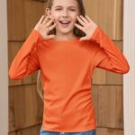 Haloumoning Girls Long Sleeve Shirts Crewneck Ruched Side Slim Fit Tops Ribbed Knit Casual Tee Shirt 4-15 Years Orange