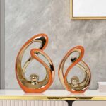 2 PCS Orange Decor Accent Ceramic Statue Orange Gold Mid Century Modern Home Decor Accents Sculpture Decorations Centerpieces for Living Room Bookshelf Shelf Coffee Table Kitchen Office Dining Table
