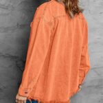 Vetinee Jean Jacket Women Oversized Boyfriend Orange Front Button Up Frayed Raw Hem Long Sleeve Pockets Denim Jean Jacket Shacket X-Large Size 16 Size 18