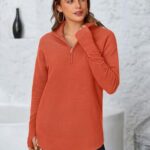 PRETTYGARDEN Womens Long Sleeve Quarter Zip Pullover Sweater Casual Loose V Neck Collared Ribbed Knit Jumper Tops Thumb Hole(Orange,Small)