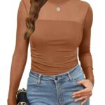 Fall Clothes for Women Boho Tops Ruched Mesh Long Sleeve Turtle Neck Ruched Tops Sheer Early Fall Fashion Clothing 2025 Orange L