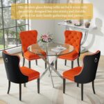 Modehodei 5-Piece Glass Dining Table Set for 4, Include 36″ Round Tempered Glass Kitchen Table and 4 Orange Black High Back Chairs for Dining Room, Living Room (Silver Table Legs)