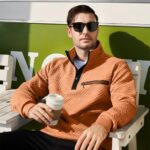 MANLUODANNI Men’s Casual Sweatshirt Long Sleeve Waffle Stand Collar Button Quilted Pullover Sweatshirts with Pocket, Orange-XL