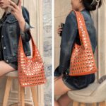 Qiannaura Y2K Vegan Leather Hobo Shoulder Bag – 90s Punk Studded Crossbody Purse for Women, Metal Studs Tote Handbag Fall Trend Top Handle Bag, Orange