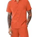 LecGee Men’s 2 Piece Short Sets Casual Button Down Shirt and Shorts Solid Color Casual Summer Beach Outfits(Orange,S)