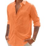 DEMEANOR Orange Linen Shirts for Men Long Sleeve Cotton Casual Beach Summer Wedding Lightweight Button Down Shirt with Pocket Large