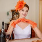 CAIYILA Women’s Fascinators Tea Party Wedding Mesh Flower Headwear Fascinator Hat with Headband and Clip and Lace Gloves with Bows for Women (Orange)