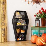 LUPWNEKA Gothic Coffin Bookshelf, 4-Tier Black Wooden Bookshelf with White Spider Web Decor, 48 Inch Tall Decorative Storage Shelf for Living Room, Bedroom, Home Decor