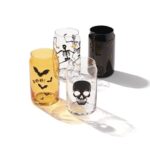 Oneida Barware, Vintro Halloween Can Cooler Glasses, Set of 4, Dishwasher Safe, Made of Glass, Spooky Drinking Glasses Set, Halloween Decor Indoor, Skeletons and Bats Design (4 Piece, 16 Oz Capacity)
