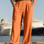 TRFIC Mens Linen Pants Yoga Beach Loose Fit Casual Summer Elastic Waist Drawstring Baggy Trousers with Pockets Orange