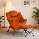 SESHINELL Lazy Chair with Ottoman, Modern Accent Chair Contemporary Sofa Chair with Armrests, Reading Chair and Folding Footstool Set for Living Room, Bedroom, Orange