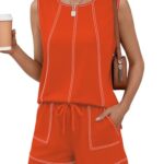 LOMON 2 Piece Short Sets for Women Summer Round Neck Tank Tops Drawstring Elastic Waist Shorts with Pockets (Orange,M)
