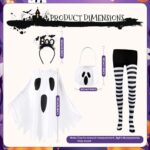 FeelfunFeather 4Pcs Ghost Costume Adult,Women Halloween Poncho Set with Spooky Headband,Candy Bag,Striped Tights for Cosplay Party