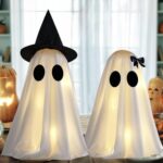 KIWDY [Timer] Light Up Halloween Scary Ghost Decorations, Set of 2 DIY Spooky Crafts for Indoor Home Mantel Shelf & Tabletop Decor White