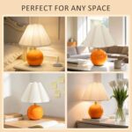 Komothala Small Bedside Table Lamp, Ceramic Stepless Dimmable Lamp with Scalloped Fabric Shade,Decorative Accent Light for Nightstand, Living Room, Console or Kids Dorm,Orange (E26 LED Bulb Included)